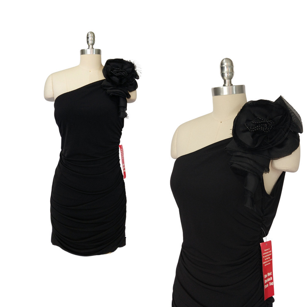 Vintage Y2K Ruby Rox Little Black Dress Size XL NWT One Shoulder Rosette HoCo